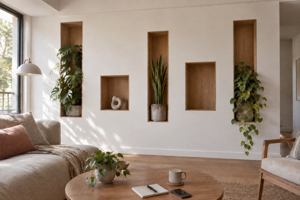 Wall with recessed vertical oak planting pockets holding a mix of indoor plants