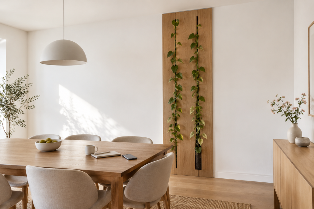 Tall oak wall panel with a narrow vertical planting channel and climbing greenery