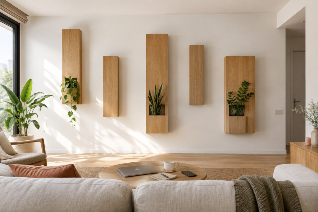 Staggered vertical oak wall modules with integrated planters and sculptural houseplants