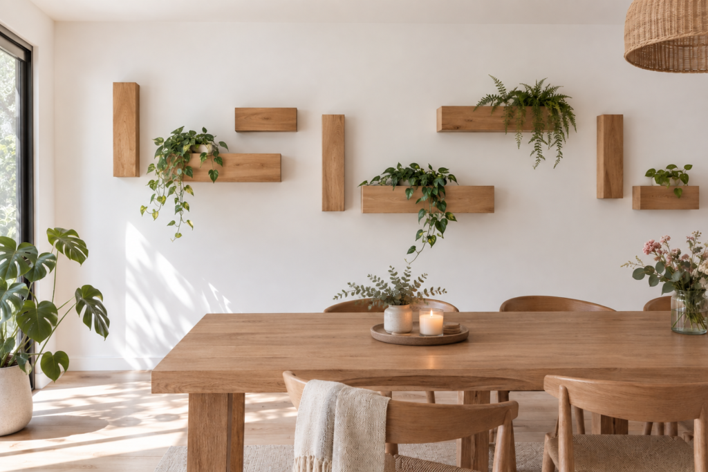 Wall composition of alternating horizontal and vertical oak ledges filled with indoor plants