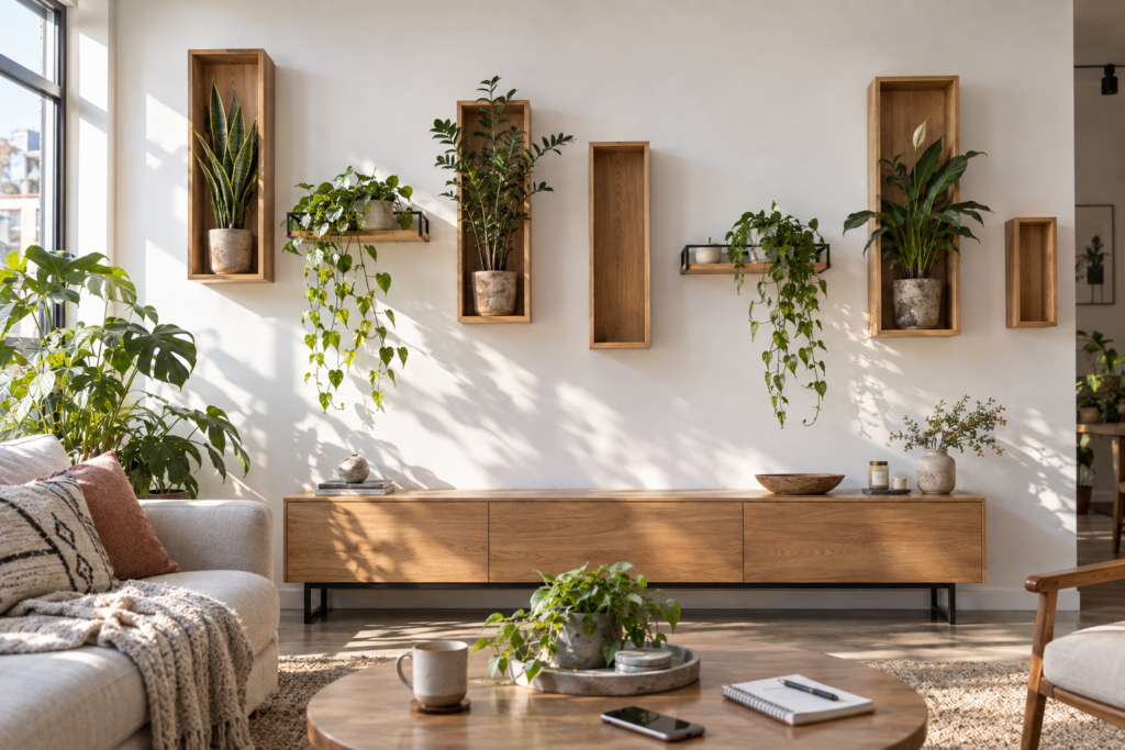 Oak wall panels alternating between deep planting niches and shallow ledges with plants