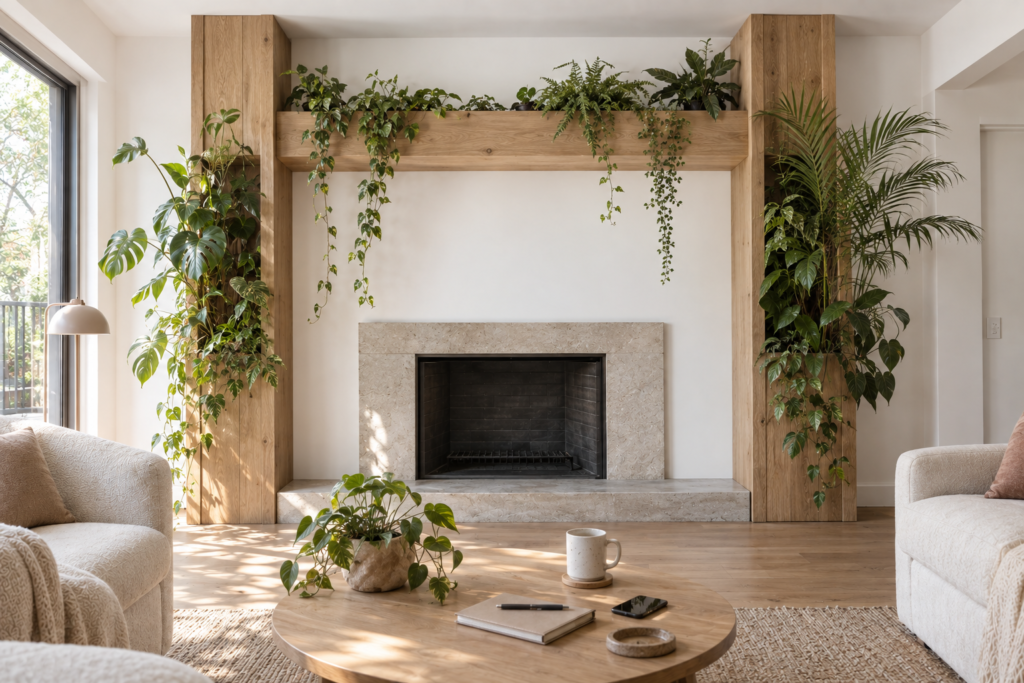 Built-in oak fireplace surround with upright and trailing plants framing the fire