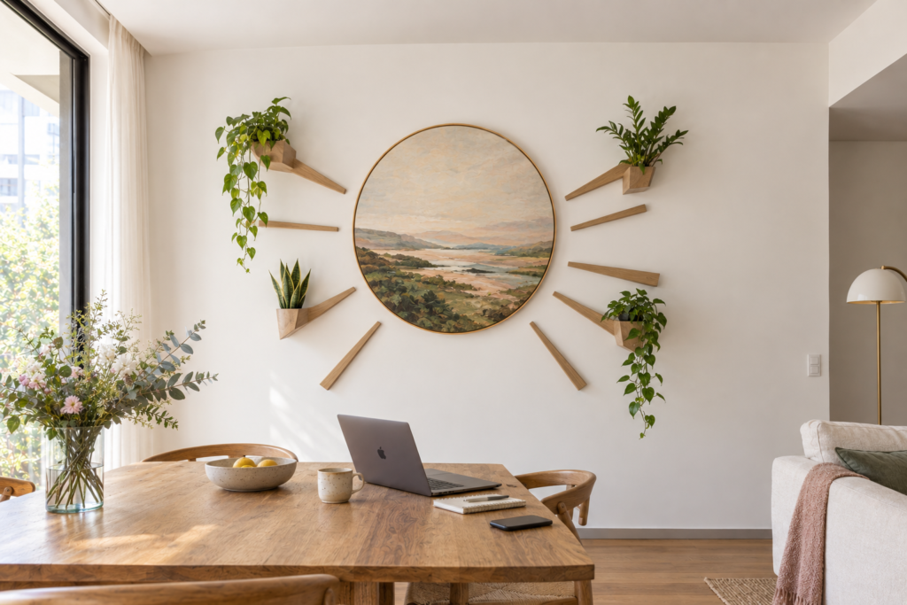 Round wall artwork surrounded by radiating wooden plant ledges with trailing greenery