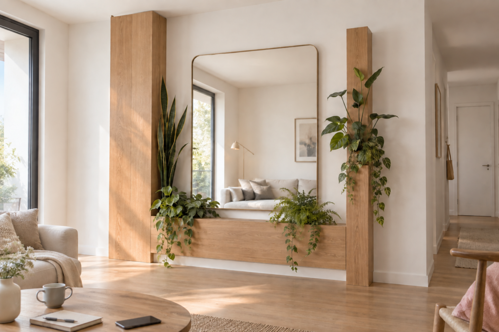 Large wall mirror framed by tall oak panels and cascading indoor plants