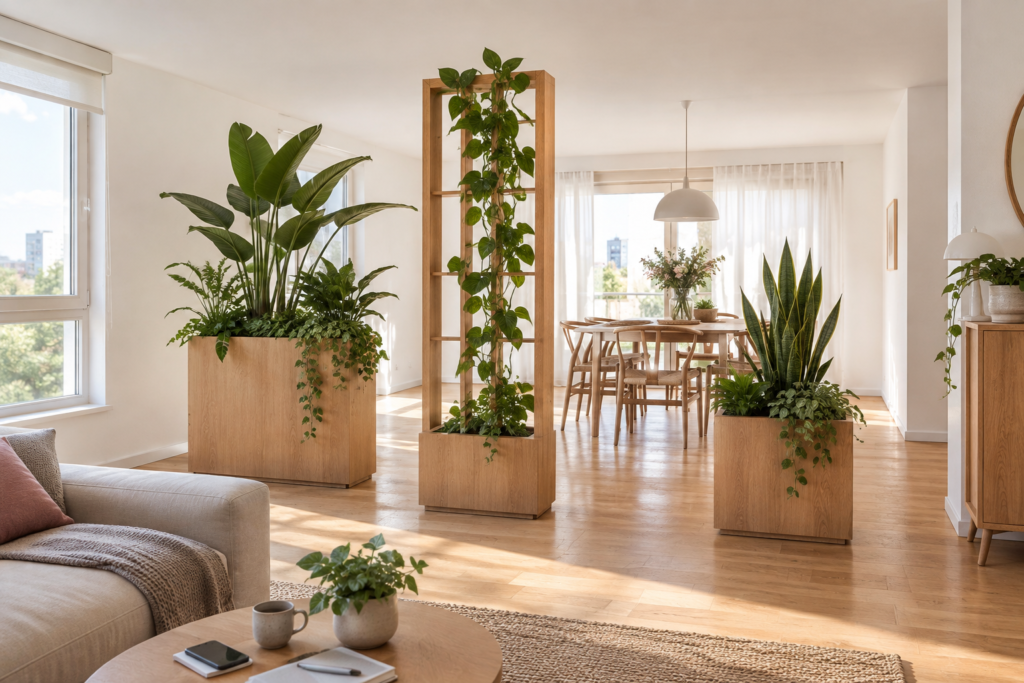 Open room divider made of separate oak planters and vertical plant-filled frames