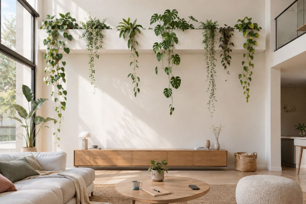 Double-height living room with a massive overhead botanical beam releasing long trailing plants