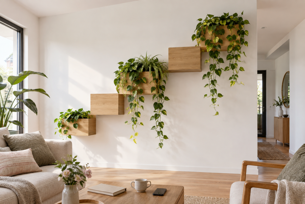 Diagonal sequence of ascending oak wall boxes with plants cascading from different levels