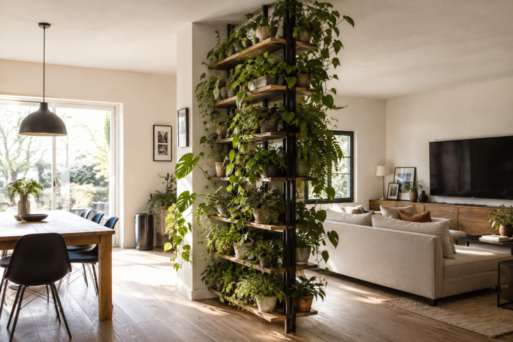 Floor-to-ceiling open shelving plant divider separating living and dining areas