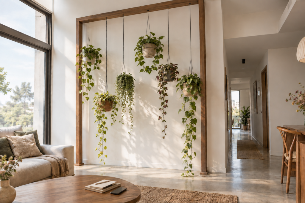 Suspended planter vessels hanging at different heights in front of a tall living room wall