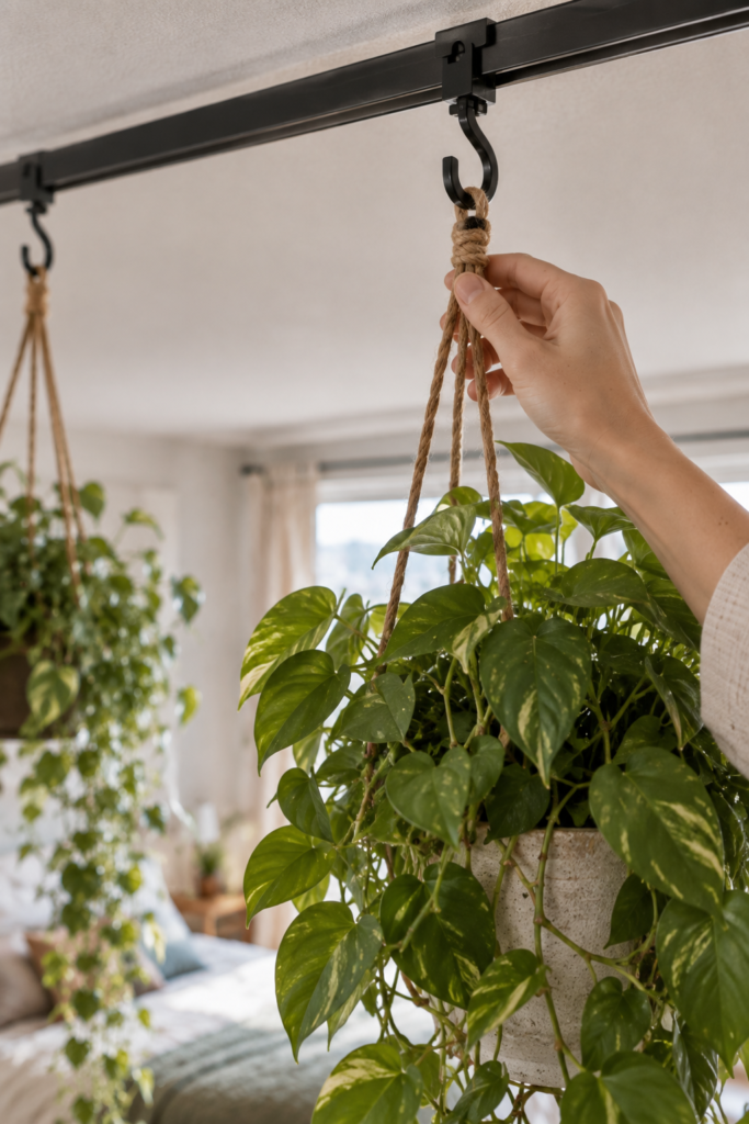 Close-up of a hanging plant curtain with hooks on a ceiling track