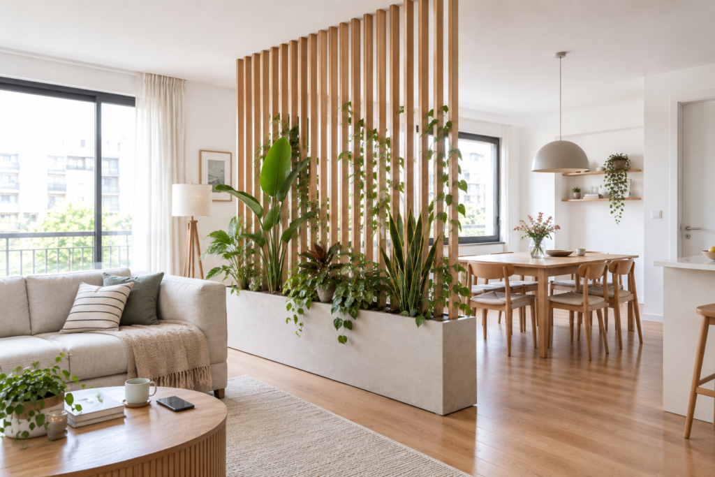 Slatted screen with integrated planter separating living and dining areas