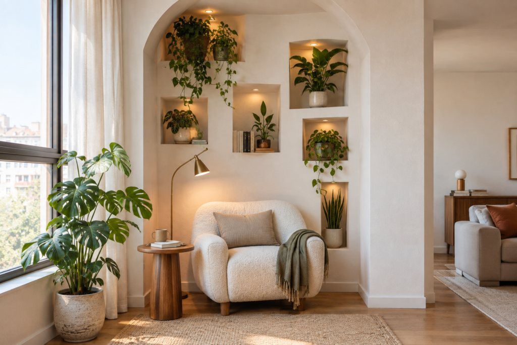 Indoor plant reading nook with seating in an empty alcove