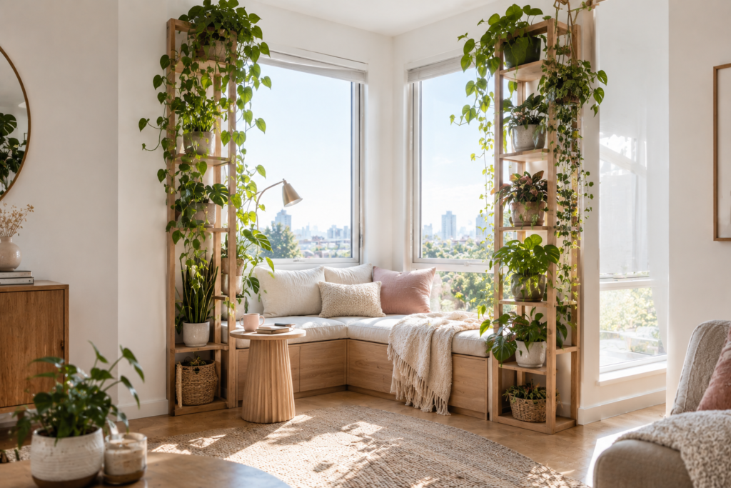 Reading nook framed by tall plant shelves filled with indoor plants