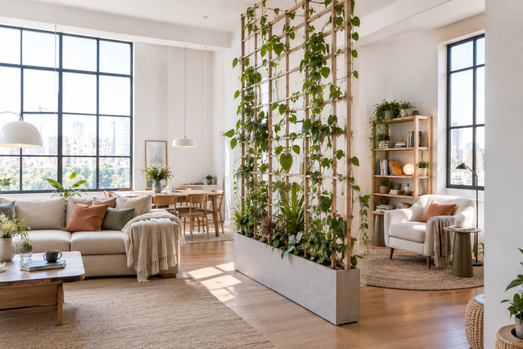 Trellis with climbing plants used as an indoor room divider