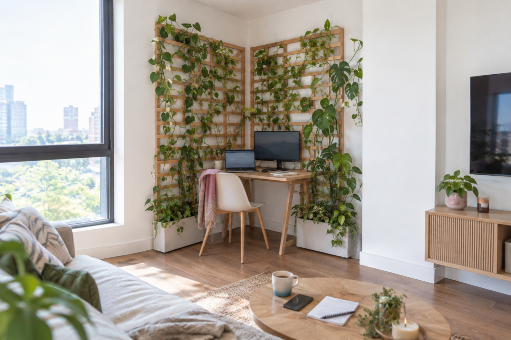 Compact workspace framed by trellis panels with climbing indoor plants