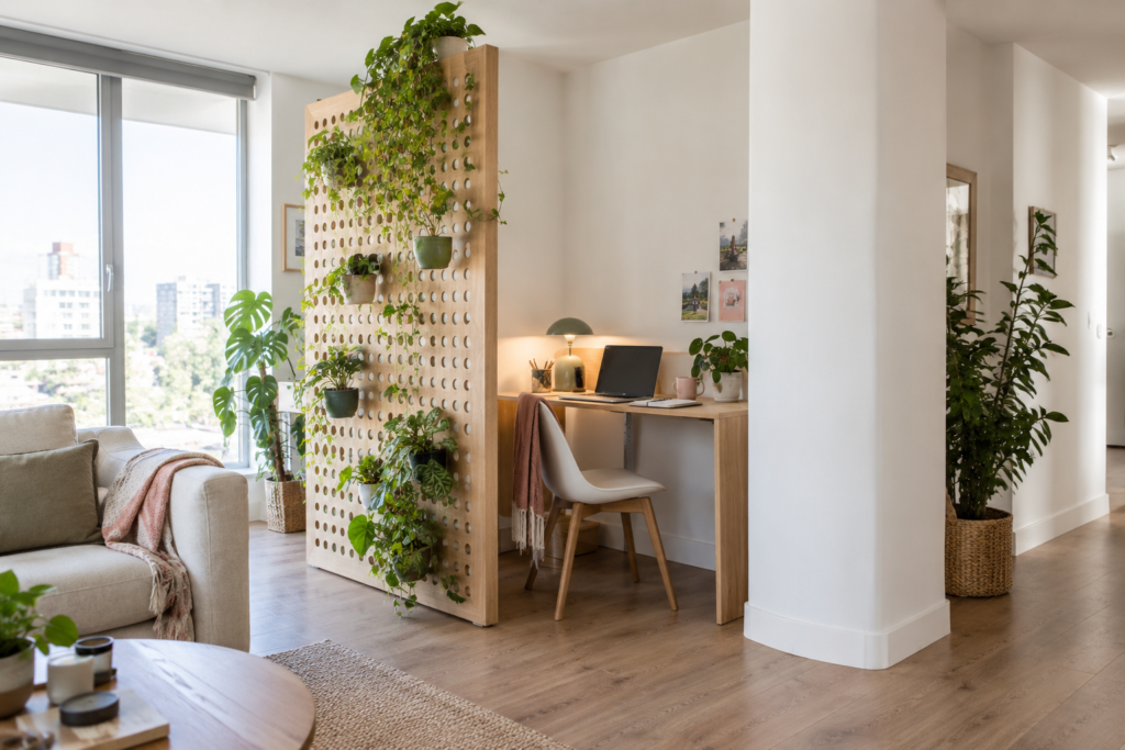 Desk workspace screened by a pegboard filled with indoor plants