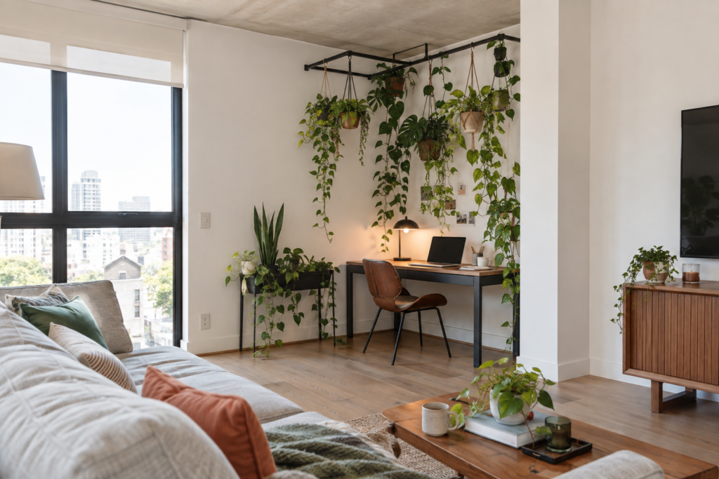 Desk beneath an overhead structure supporting hanging indoor plants