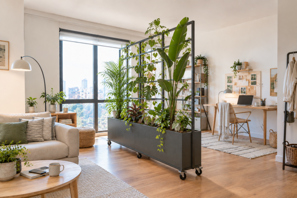 Rolling plant divider on casters separating two indoor living zones