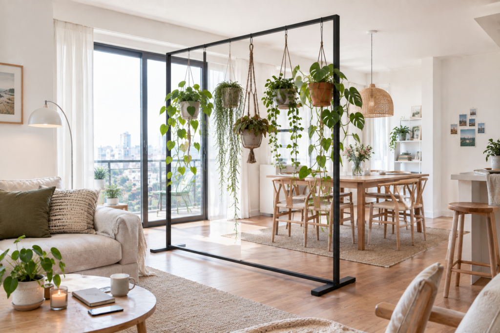 Freestanding metal frame with hanging plants used as a room divider