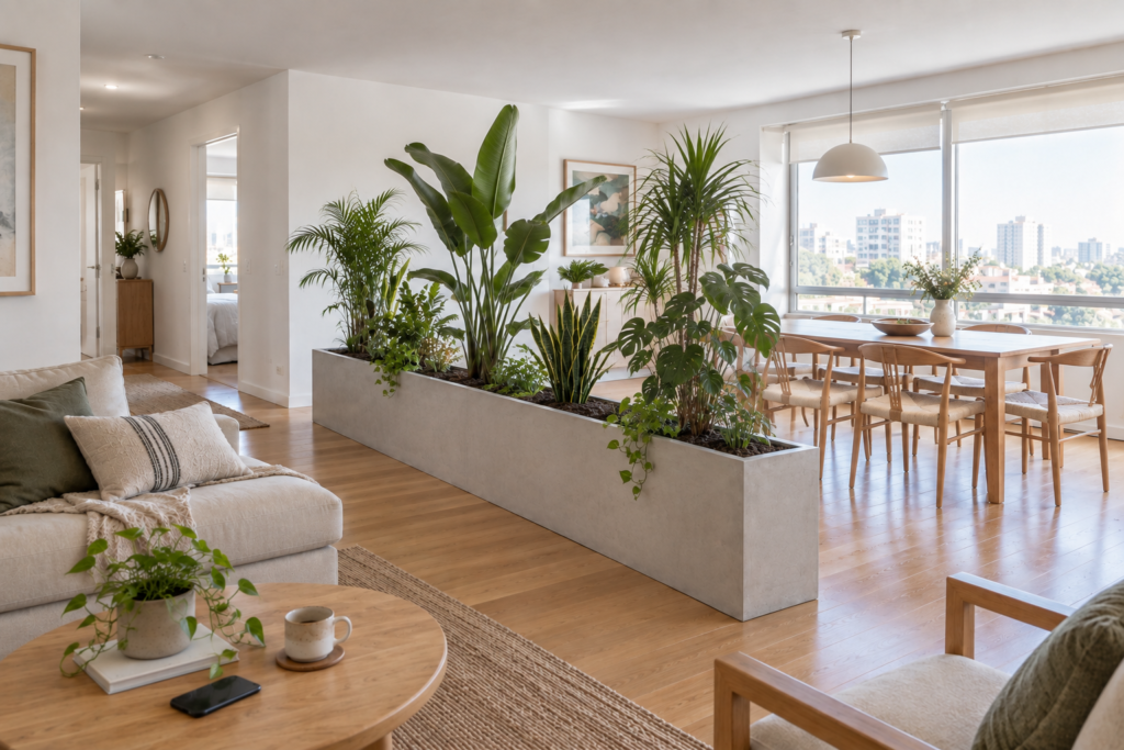 Long planter box with tall indoor plants separating two room zones