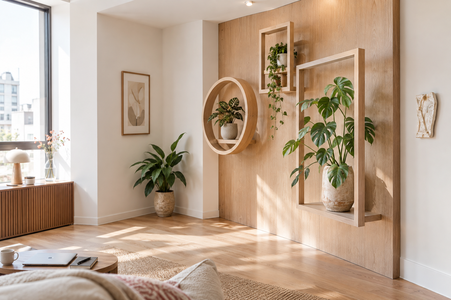Layered indoor plant gallery built into a corner wall