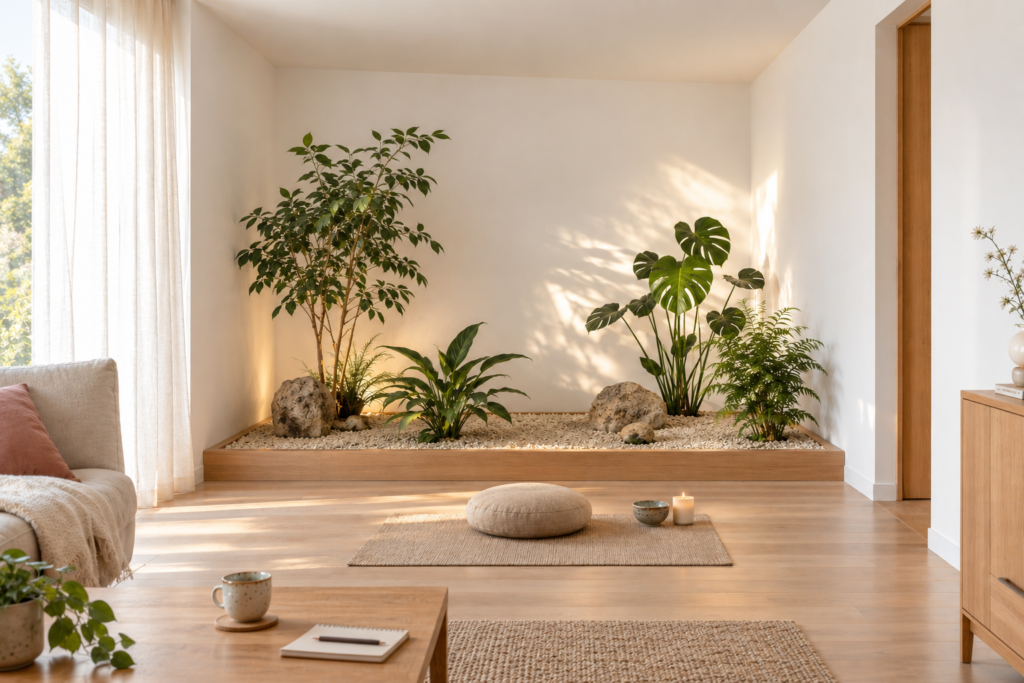 Indoor dry Zen garden with gravel, stones, and plants around a meditation space