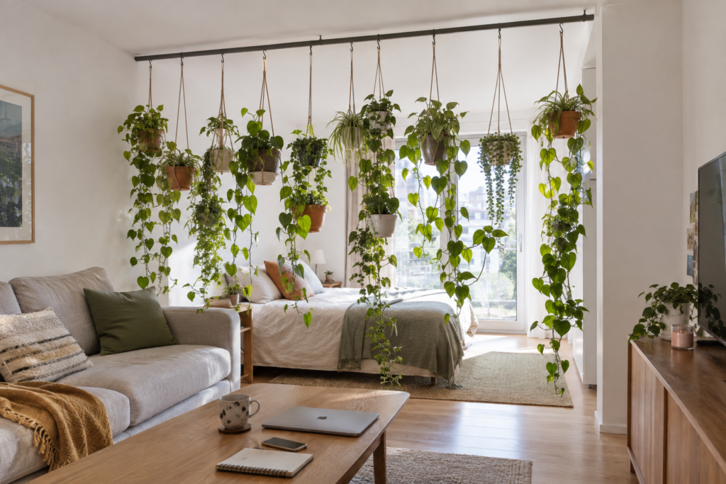 Hanging plant curtain creating a vertical divider between indoor spaces