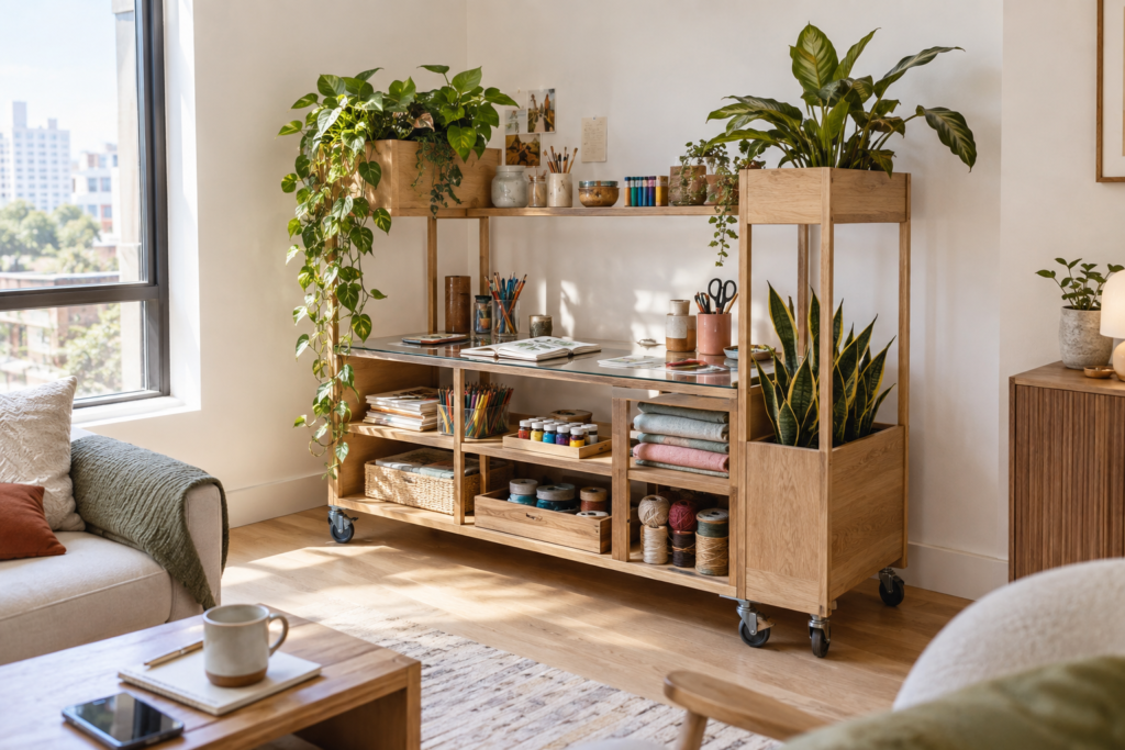 Mobile craft station with integrated planters and indoor plants