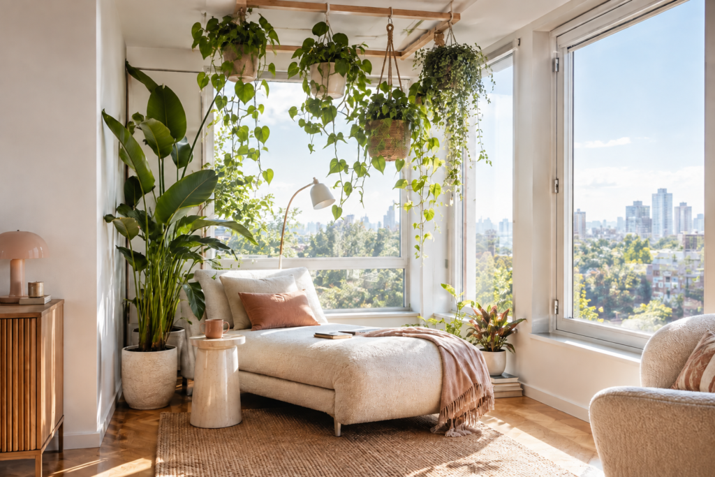 Reading corner beneath a hanging canopy of indoor plants