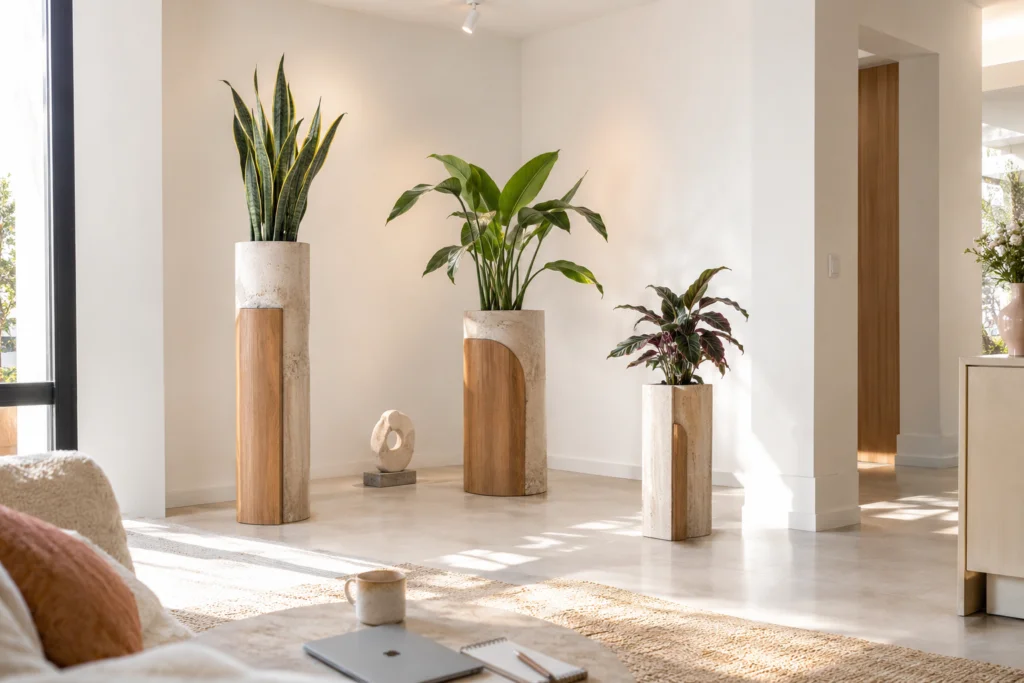 Sculptural plant corner with indoor plants displayed on tall wooden columns
