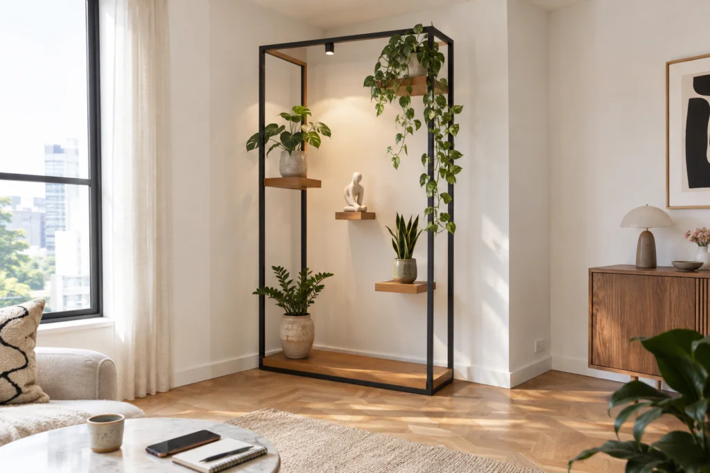 Framed plant corner with open shelving and hanging indoor plants