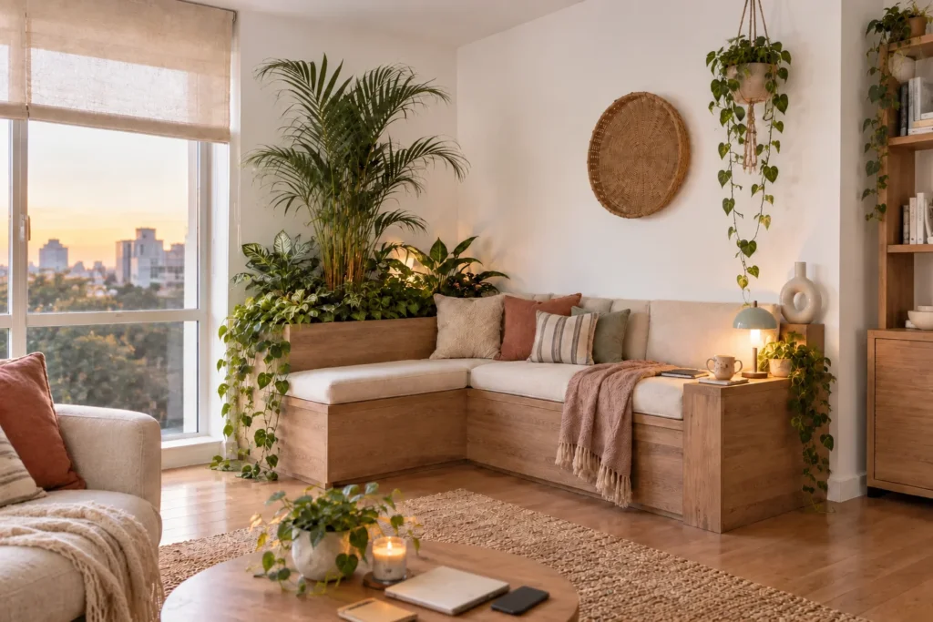 Conversation nook framed by indoor plants and built-in seating