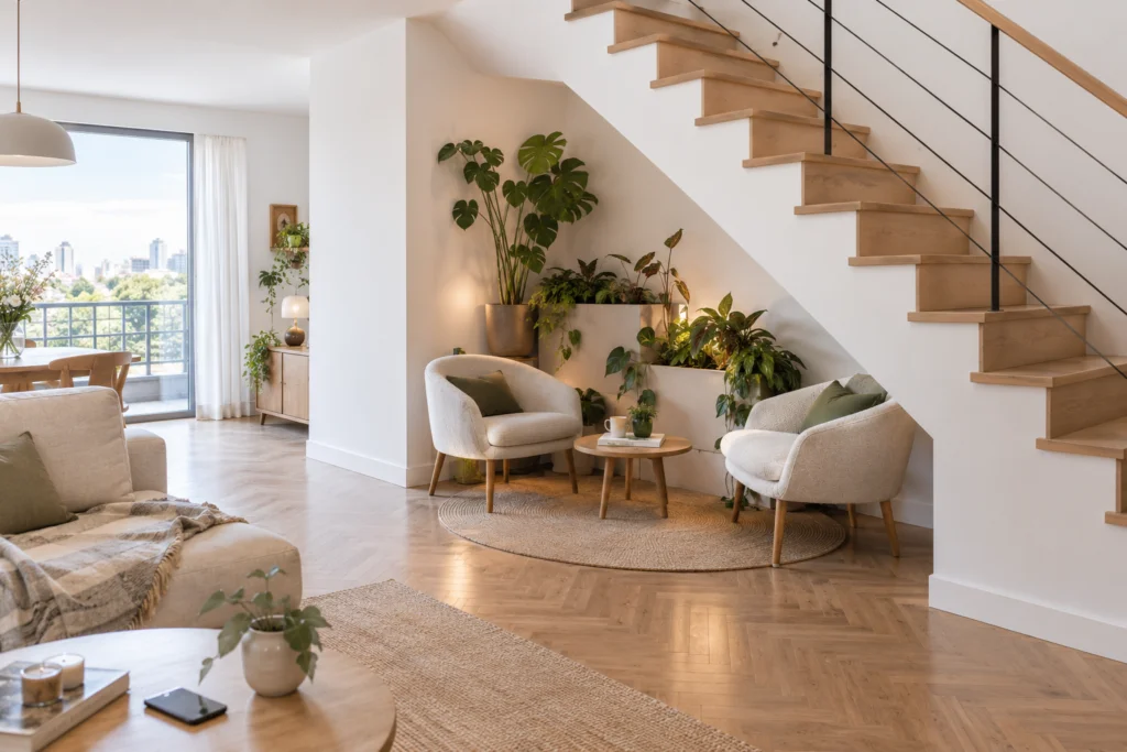 Plant-filled seating area built into the space beneath a staircase