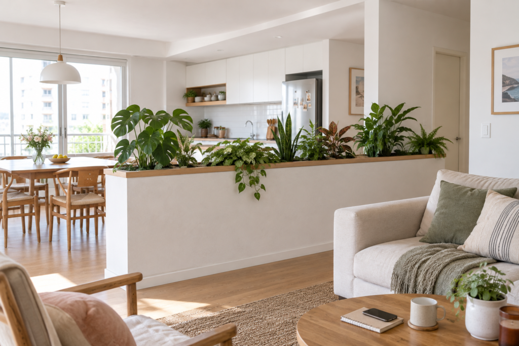Partial-height planter partition with indoor plants between living zones