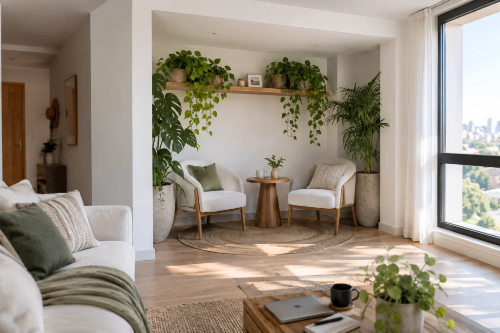 Seating alcove with wall-mounted shelving and trailing indoor plants