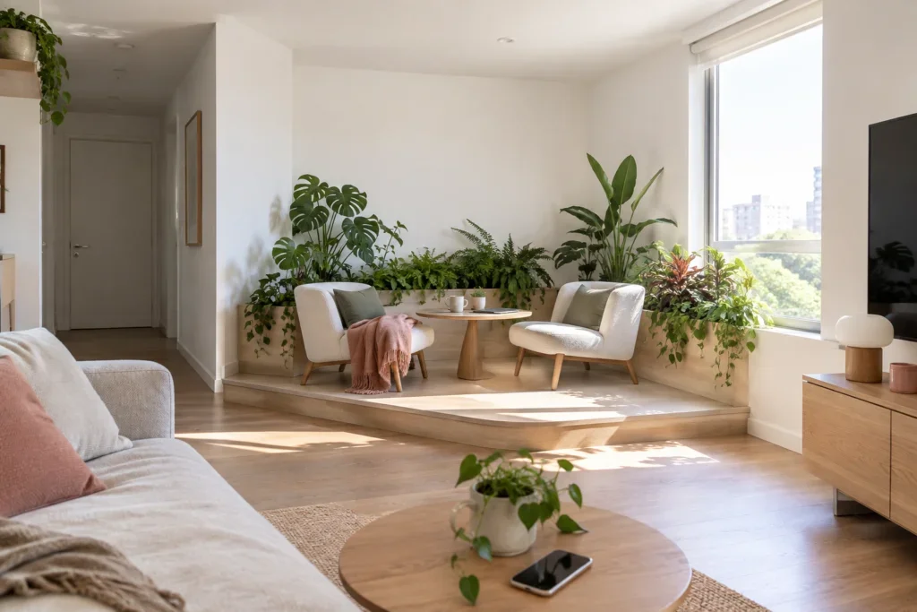 Social corner surrounded by a continuous border of indoor plants