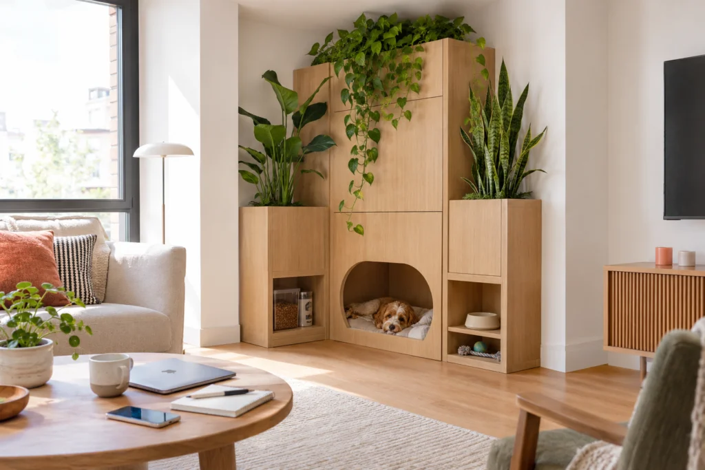 Built-in pet retreat with integrated planters and indoor plants
