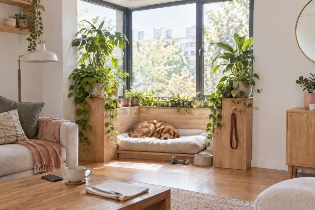 Window pet bay framed by tall and trailing indoor plants
