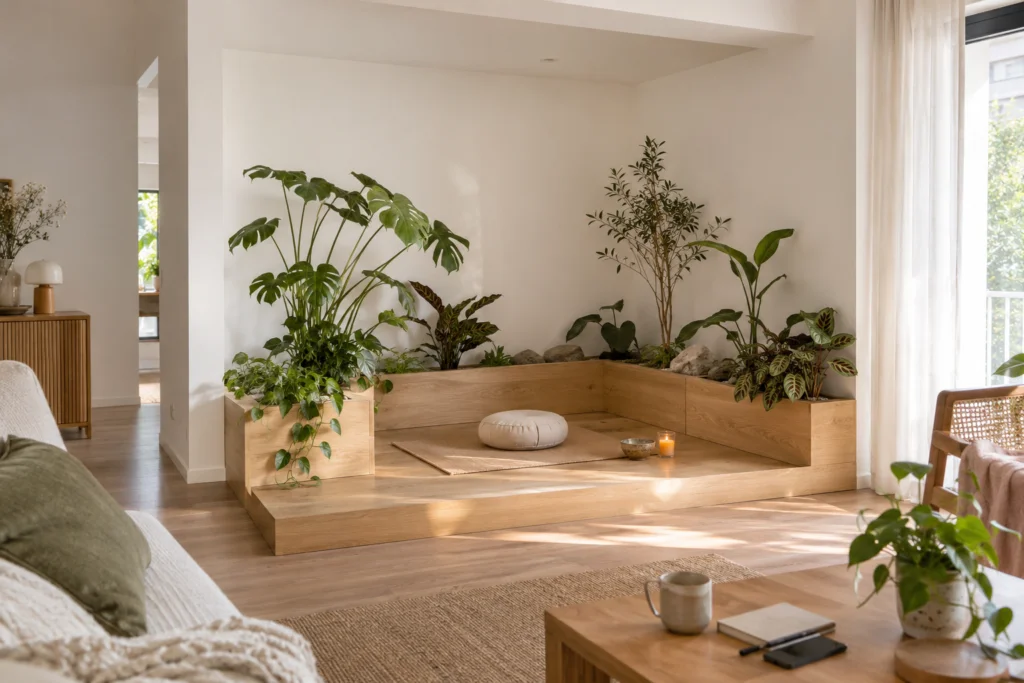 Raised wooden meditation platform surrounded by indoor plants